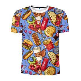 Мужская футболка 3D спортивная с принтом Fastfood в Санкт-Петербурге, 100% полиэстер с улучшенными характеристиками | приталенный силуэт, круглая горловина, широкие плечи, сужается к линии бедра | Тематика изображения на принте: chicken | coffee | cola | drink | dunts | eat | fastfood | frenchfires | hotdog | lollypop | pizza | sweets | бургер | еда | кола | кофе | лимонад | напитки | пицца | пончик | фастфуд | хотдог