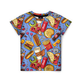 Детская футболка 3D с принтом Fastfood в Санкт-Петербурге, 100% гипоаллергенный полиэфир | прямой крой, круглый вырез горловины, длина до линии бедер, чуть спущенное плечо, ткань немного тянется | Тематика изображения на принте: chicken | coffee | cola | drink | dunts | eat | fastfood | frenchfires | hotdog | lollypop | pizza | sweets | бургер | еда | кола | кофе | лимонад | напитки | пицца | пончик | фастфуд | хотдог