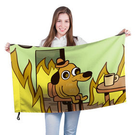 Флаг 3D с принтом This is fine в Санкт-Петербурге, 100% полиэстер | плотность ткани — 95 г/м2, размер — 67 х 109 см. Принт наносится с одной стороны | Тематика изображения на принте: dog | in fire | meme | this is fine | в огне | все нормально | мем | собака