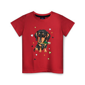 Детская футболка хлопок с принтом Такса с розой в Санкт-Петербурге, 100% хлопок | круглый вырез горловины, полуприлегающий силуэт, длина до линии бедер | dog | doggy | животные | пес | роза | сердечко | сердце | собака | собачка | такса | цветок | цветы
