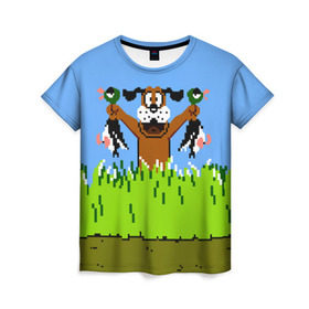 Женская футболка 3D с принтом Duck Hunt в Санкт-Петербурге, 100% полиэфир ( синтетическое хлопкоподобное полотно) | прямой крой, круглый вырез горловины, длина до линии бедер | 8 bit | 8 бит | dendy | dog | duck | hunt | nes | nintendo | oldschool | pixel art | денди | игра | нинтендо | охота | собака