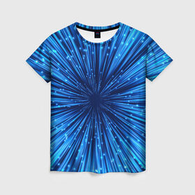 Женская футболка 3D с принтом Гипер скачок в Санкт-Петербурге, 100% полиэфир ( синтетическое хлопкоподобное полотно) | прямой крой, круглый вырез горловины, длина до линии бедер | звук | космос | огни | поток | синий | скачок | скорость | телепорт | ускорение