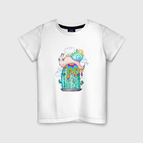 Детская футболка хлопок с принтом Радужная улитка на кактусе в Санкт-Петербурге, 100% хлопок | круглый вырез горловины, полуприлегающий силуэт, длина до линии бедер | весна | кактус | кислотный | лето | милота | милый | мультяшный | насекомые | облака | природа | радуга | растения | солнце