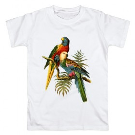 Мужская футболка хлопок с принтом Попугаи в Санкт-Петербурге, 100% хлопок | прямой крой, круглый вырез горловины, длина до линии бедер, слегка спущенное плечо. | ветки | винтаж | листья | пальмы | перья | попугаи | птицы