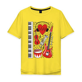 Мужская футболка хлопок Oversize с принтом Музыкальное сердце в Санкт-Петербурге, 100% хлопок | свободный крой, круглый ворот, “спинка” длиннее передней части | ансамбль | гитара | клавиши | музыка | музыкальные инструменты | ноты | скрипка | три цвета | труба | флейта | фортепиано