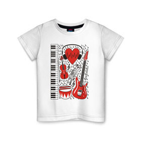 Детская футболка хлопок с принтом Музыкальное сердце в Санкт-Петербурге, 100% хлопок | круглый вырез горловины, полуприлегающий силуэт, длина до линии бедер | ансамбль | гитара | клавиши | музыка | музыкальные инструменты | ноты | скрипка | три цвета | труба | флейта | фортепиано