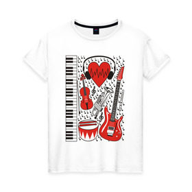 Женская футболка хлопок с принтом Музыкальное сердце в Санкт-Петербурге, 100% хлопок | прямой крой, круглый вырез горловины, длина до линии бедер, слегка спущенное плечо | ансамбль | гитара | клавиши | музыка | музыкальные инструменты | ноты | скрипка | три цвета | труба | флейта | фортепиано