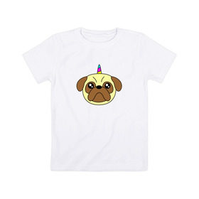 Детская футболка хлопок с принтом Мопс единорог в Санкт-Петербурге, 100% хлопок | круглый вырез горловины, полуприлегающий силуэт, длина до линии бедер | единорог | мопс | радуга | рог | собака | щенок