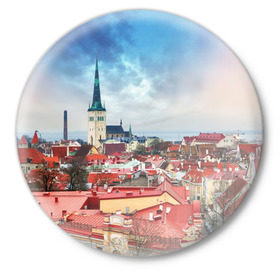 Значок с принтом Таллин (Эстония) в Санкт-Петербурге,  металл | круглая форма, металлическая застежка в виде булавки | estonia | tallin | город | европа | путешествие | таллин | туризм | эстония