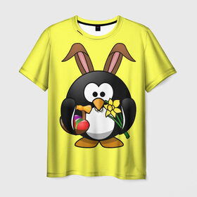 Мужская футболка 3D с принтом Пасхальный пингвин в Санкт-Петербурге, 100% полиэфир | прямой крой, круглый вырез горловины, длина до линии бедер | весна | кролик | пасха | пингвин | праздники | яйцо