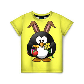 Детская футболка 3D с принтом Пасхальный пингвин в Санкт-Петербурге, 100% гипоаллергенный полиэфир | прямой крой, круглый вырез горловины, длина до линии бедер, чуть спущенное плечо, ткань немного тянется | весна | кролик | пасха | пингвин | праздники | яйцо