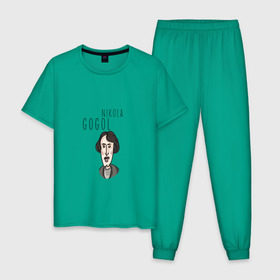 Мужская пижама хлопок с принтом Николай Гоголь в Санкт-Петербурге, 100% хлопок | брюки и футболка прямого кроя, без карманов, на брюках мягкая резинка на поясе и по низу штанин
 | Тематика изображения на принте: 