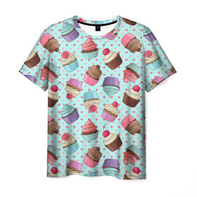 Мужская футболка 3D с принтом Милые кексики в Санкт-Петербурге, 100% полиэфир | прямой крой, круглый вырез горловины, длина до линии бедер | Тематика изображения на принте: cupcake | deliciouse | lollipop | strawberry | sweets | yummy | вкусняшки | еда | капкейк | капкейки | клубника | конфета | леденец | сладости | черника