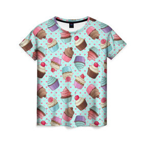 Женская футболка 3D с принтом Милые кексики в Санкт-Петербурге, 100% полиэфир ( синтетическое хлопкоподобное полотно) | прямой крой, круглый вырез горловины, длина до линии бедер | cupcake | deliciouse | lollipop | strawberry | sweets | yummy | вкусняшки | еда | капкейк | капкейки | клубника | конфета | леденец | сладости | черника