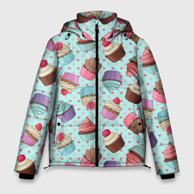 Мужская зимняя куртка 3D с принтом Милые кексики в Санкт-Петербурге, верх — 100% полиэстер; подкладка — 100% полиэстер; утеплитель — 100% полиэстер | длина ниже бедра, свободный силуэт Оверсайз. Есть воротник-стойка, отстегивающийся капюшон и ветрозащитная планка. 

Боковые карманы с листочкой на кнопках и внутренний карман на молнии. | cupcake | deliciouse | lollipop | strawberry | sweets | yummy | вкусняшки | еда | капкейк | капкейки | клубника | конфета | леденец | сладости | черника