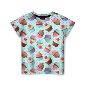 Детская футболка 3D с принтом Милые кексики в Санкт-Петербурге, 100% гипоаллергенный полиэфир | прямой крой, круглый вырез горловины, длина до линии бедер, чуть спущенное плечо, ткань немного тянется | Тематика изображения на принте: cupcake | deliciouse | lollipop | strawberry | sweets | yummy | вкусняшки | еда | капкейк | капкейки | клубника | конфета | леденец | сладости | черника