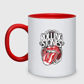 Кружка двухцветная с принтом The Rolling Stones в Санкт-Петербурге, керамика | объем — 330 мл, диаметр — 80 мм. Цветная ручка и кайма сверху, в некоторых цветах — вся внутренняя часть | the rolling stones | бродяги | вольные странники | группа | катящиеся камни | кит ричардс | мик джаггер | рок | рок н ролл | ролинг | роллинг | рон вуд | стоун | стоунз | стоунс | чарли уоттс