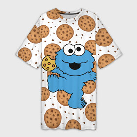 Платье-футболка 3D с принтом Cookie monster в Санкт-Петербурге,  |  | cookie | cookiemonster | delicious | eat | monster | yummy | еда | куки | кукимонстр | монстр | печенье | сладости | улица | улицасезам