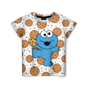 Детская футболка 3D с принтом Cookie monster в Санкт-Петербурге, 100% гипоаллергенный полиэфир | прямой крой, круглый вырез горловины, длина до линии бедер, чуть спущенное плечо, ткань немного тянется | cookie | cookiemonster | delicious | eat | monster | yummy | еда | куки | кукимонстр | монстр | печенье | сладости | улица | улицасезам