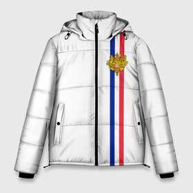 Мужская зимняя куртка 3D с принтом Франция лента с гербом в Санкт-Петербурге, верх — 100% полиэстер; подкладка — 100% полиэстер; утеплитель — 100% полиэстер | длина ниже бедра, свободный силуэт Оверсайз. Есть воротник-стойка, отстегивающийся капюшон и ветрозащитная планка. 

Боковые карманы с листочкой на кнопках и внутренний карман на молнии. | fr | fra | france | герб | государство | знак | надпись | париж | патриот | полосы | республика | символ | страна | флаг | флага | франция | француз | французская | французский | французы | цвета