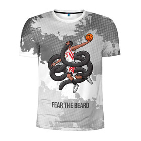 Мужская футболка 3D спортивная с принтом Fear the Beard в Санкт-Петербурге, 100% полиэстер с улучшенными характеристиками | приталенный силуэт, круглая горловина, широкие плечи, сужается к линии бедра | Тематика изображения на принте: hurden | nba | rockets | баскетбол | нба | харден | хьюстон рокетс