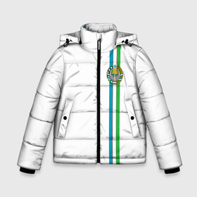 Зимняя куртка для мальчиков 3D с принтом Узбекистан лента с гербом в Санкт-Петербурге, ткань верха — 100% полиэстер; подклад — 100% полиэстер, утеплитель — 100% полиэстер | длина ниже бедра, удлиненная спинка, воротник стойка и отстегивающийся капюшон. Есть боковые карманы с листочкой на кнопках, утяжки по низу изделия и внутренний карман на молнии. 

Предусмотрены светоотражающий принт на спинке, радужный светоотражающий элемент на пуллере молнии и на резинке для утяжки | Тематика изображения на принте: uz | uzb | герб | государство | знак | надпись | патриот | полосы | республика | самарканд | символ | снг | страна | ташкент | узбек | узбекистан | узбекистанец | узбекистанка | флаг | флага | цвета