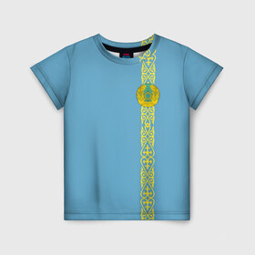 Детская футболка 3D с принтом Казахстан, лента с гербом в Санкт-Петербурге, 100% гипоаллергенный полиэфир | прямой крой, круглый вырез горловины, длина до линии бедер, чуть спущенное плечо, ткань немного тянется | kaz | kazakhstan | kz | герб | казахстан | орнамент | флаг