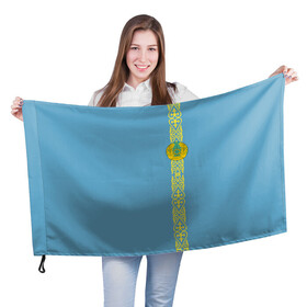 Флаг 3D с принтом Казахстан, лента с гербом в Санкт-Петербурге, 100% полиэстер | плотность ткани — 95 г/м2, размер — 67 х 109 см. Принт наносится с одной стороны | kaz | kazakhstan | kz | герб | казахстан | орнамент | флаг