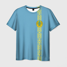 Мужская футболка 3D с принтом Казахстан, лента с гербом в Санкт-Петербурге, 100% полиэфир | прямой крой, круглый вырез горловины, длина до линии бедер | kaz | kazakhstan | kz | герб | казахстан | орнамент | флаг