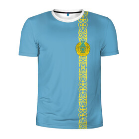 Мужская футболка 3D спортивная с принтом Казахстан, лента с гербом в Санкт-Петербурге, 100% полиэстер с улучшенными характеристиками | приталенный силуэт, круглая горловина, широкие плечи, сужается к линии бедра | kaz | kazakhstan | kz | герб | казахстан | орнамент | флаг