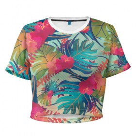 Женская футболка 3D укороченная с принтом Тропический в Санкт-Петербурге, 100% полиэстер | круглая горловина, длина футболки до линии талии, рукава с отворотами | весна | джунгли | для весны | для лета | лес | лето | листья | текстура | тропики | цветы