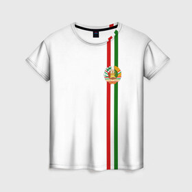 Женская футболка 3D с принтом Таджикистан, лента с гербом в Санкт-Петербурге, 100% полиэфир ( синтетическое хлопкоподобное полотно) | прямой крой, круглый вырез горловины, длина до линии бедер | tj | tjk | азия | герб | государство | душанбе | знак | надпись | патриот | полосы | республика | символ | снг | страна | таджик | таджики | таджикистан | таджичка | флаг | флага | худжанд | цвета