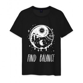 Мужская футболка хлопок с принтом Find balance в Санкт-Петербурге, 100% хлопок | прямой крой, круглый вырез горловины, длина до линии бедер, слегка спущенное плечо. | balance | moon | nature | positive | stars | sun | vibes | баланс | гармония | звезды | инь | луна | небо | природа | символ | солнце | ян