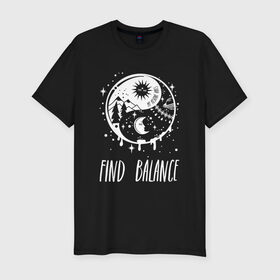 Мужская футболка премиум с принтом Find balance в Санкт-Петербурге, 92% хлопок, 8% лайкра | приталенный силуэт, круглый вырез ворота, длина до линии бедра, короткий рукав | balance | moon | nature | positive | stars | sun | vibes | баланс | гармония | звезды | инь | луна | небо | природа | символ | солнце | ян