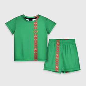 Детский костюм с шортами 3D с принтом Туркменистан, лента с гербом в Санкт-Петербурге,  |  | tkm | tm | trkmenistan | азия | ашхабад | герб | государство | знак | надпись | патриот | полосы | республика | символ | снг | страна | туркмен | туркменистан | туркмения | флаг | флага | цвета