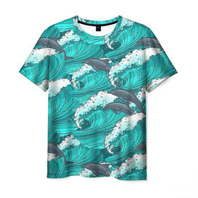 Мужская футболка 3D с принтом Дельфины в Санкт-Петербурге, 100% полиэфир | прямой крой, круглый вырез горловины, длина до линии бедер | dolphins | fish | ocean | pattern | sea | summer | waves | волны | дельфины | лето | море | океан | паттерн | рыбы