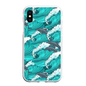 Чехол для iPhone XS Max матовый с принтом Дельфины в Санкт-Петербурге, Силикон | Область печати: задняя сторона чехла, без боковых панелей | dolphins | fish | ocean | pattern | sea | summer | waves | волны | дельфины | лето | море | океан | паттерн | рыбы