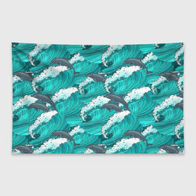 Флаг-баннер с принтом Дельфины в Санкт-Петербурге, 100% полиэстер | размер 67 х 109 см, плотность ткани — 95 г/м2; по краям флага есть четыре люверса для крепления | dolphins | fish | ocean | pattern | sea | summer | waves | волны | дельфины | лето | море | океан | паттерн | рыбы