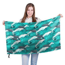 Флаг 3D с принтом Дельфины в Санкт-Петербурге, 100% полиэстер | плотность ткани — 95 г/м2, размер — 67 х 109 см. Принт наносится с одной стороны | dolphins | fish | ocean | pattern | sea | summer | waves | волны | дельфины | лето | море | океан | паттерн | рыбы