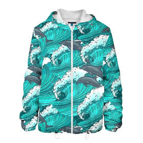 Мужская куртка 3D с принтом Дельфины в Санкт-Петербурге, ткань верха — 100% полиэстер, подклад — флис | прямой крой, подол и капюшон оформлены резинкой с фиксаторами, два кармана без застежек по бокам, один большой потайной карман на груди. Карман на груди застегивается на липучку | Тематика изображения на принте: dolphins | fish | ocean | pattern | sea | summer | waves | волны | дельфины | лето | море | океан | паттерн | рыбы