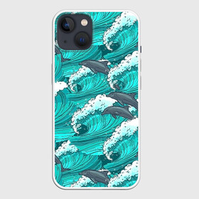 Чехол для iPhone 13 с принтом Дельфины в Санкт-Петербурге,  |  | dolphins | fish | ocean | pattern | sea | summer | waves | волны | дельфины | лето | море | океан | паттерн | рыбы