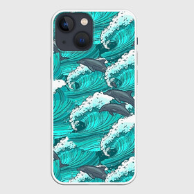 Чехол для iPhone 13 mini с принтом Дельфины в Санкт-Петербурге,  |  | dolphins | fish | ocean | pattern | sea | summer | waves | волны | дельфины | лето | море | океан | паттерн | рыбы