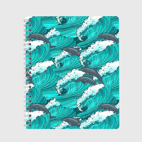 Тетрадь с принтом Дельфины в Санкт-Петербурге, 100% бумага | 48 листов, плотность листов — 60 г/м2, плотность картонной обложки — 250 г/м2. Листы скреплены сбоку удобной пружинной спиралью. Уголки страниц и обложки скругленные. Цвет линий — светло-серый
 | dolphins | fish | ocean | pattern | sea | summer | waves | волны | дельфины | лето | море | океан | паттерн | рыбы