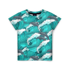 Детская футболка 3D с принтом Дельфины в Санкт-Петербурге, 100% гипоаллергенный полиэфир | прямой крой, круглый вырез горловины, длина до линии бедер, чуть спущенное плечо, ткань немного тянется | dolphins | fish | ocean | pattern | sea | summer | waves | волны | дельфины | лето | море | океан | паттерн | рыбы
