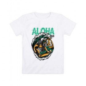 Детская футболка хлопок с принтом Алоха в Санкт-Петербурге, 100% хлопок | круглый вырез горловины, полуприлегающий силуэт, длина до линии бедер | для отдыха | для отпуска | доска | море | на доске | пальмы | пляж | серф | серфинг | солнце