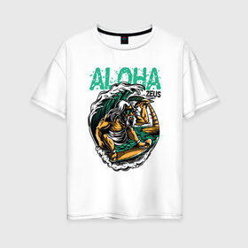 Женская футболка хлопок Oversize с принтом Алоха в Санкт-Петербурге, 100% хлопок | свободный крой, круглый ворот, спущенный рукав, длина до линии бедер
 | для отдыха | для отпуска | доска | море | на доске | пальмы | пляж | серф | серфинг | солнце