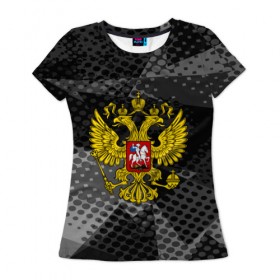 Женская футболка 3D с принтом RUSSIA BLACK GEOMETRY в Санкт-Петербурге, 100% полиэфир ( синтетическое хлопкоподобное полотно) | прямой крой, круглый вырез горловины, длина до линии бедер | abstraction | grunge | russia | sport | абстракция | герб | краска | русский | символика рф | спорт | спортивный | триколор | униформа | форма | я русский