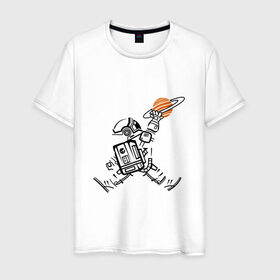 Мужская футболка хлопок с принтом Космонавт в Санкт-Петербурге, 100% хлопок | прямой крой, круглый вырез горловины, длина до линии бедер, слегка спущенное плечо. | Тематика изображения на принте: астронавт | в космосе | в прыжке | космонавт | космос | мороженное | планета | планеты | пространство | с космосом | юпитер