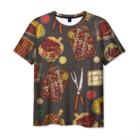 Мужская футболка 3D с принтом Вкуснятина в Санкт-Петербурге, 100% полиэфир | прямой крой, круглый вырез горловины, длина до линии бедер | Тематика изображения на принте: барбекю | еда | кулинария | мясо | повар | стейк | шашлык