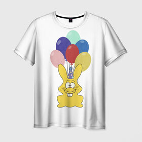 Мужская футболка 3D с принтом Зайчик с шарами в Санкт-Петербурге, 100% полиэфир | прямой крой, круглый вырез горловины, длина до линии бедер | желейный зайчик | желейный заяц | заяц